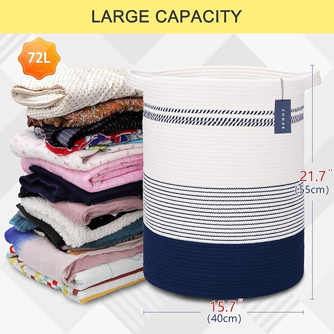 COMSE Extra Large Blanket Basket, Tall Laundry Basket, Nursery Hamper, 15.7âx 21.7â, Cotton Rope Woven Laundry Hamper for Storage Toys Clothes Towels, Navy Blue & White