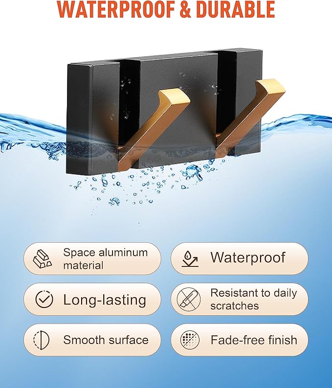 2 Pack，Modern Waterproof Black Gold Wall Hooks，Foldable Towel Hooks for Bathrooms, Coat Hooks Wall Mounted - Ideal for Bathroom, Kitchen, Balcony