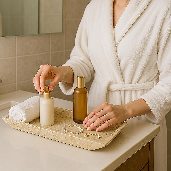 Creative Home Natural Champagne Marble Rectangular Vanity Tray Towel Tray Boat Shaped Tray Bathroom Accessories Organizer, 16.5" x 6.3" x 1.5" H, Beige