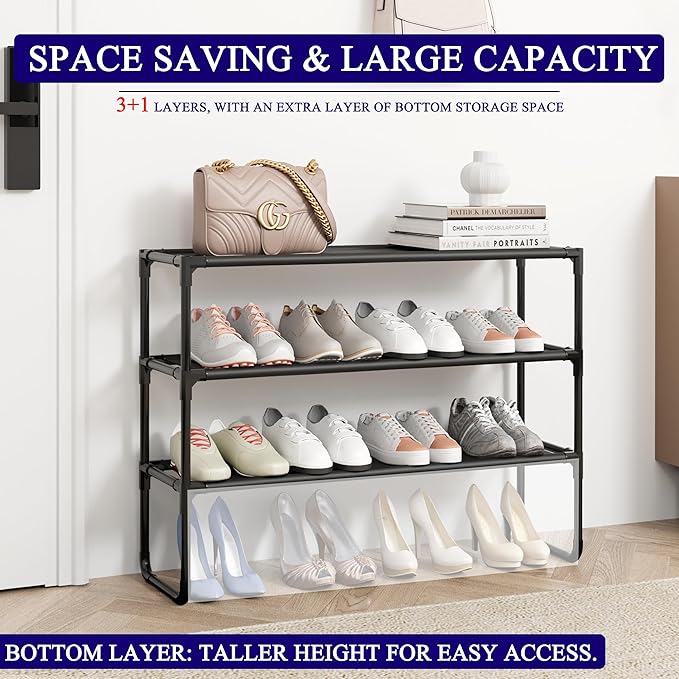 Long Shoe Rack, 3-Tier Stackable Shoe Organizer for Closet, Entryway, Hallway, Extra Bottom Layer, Holds 16-20 Pairs, Sturdy & Durable Waterproof Fabric Shelf, Space-Saving,Black(35.8" Wide)