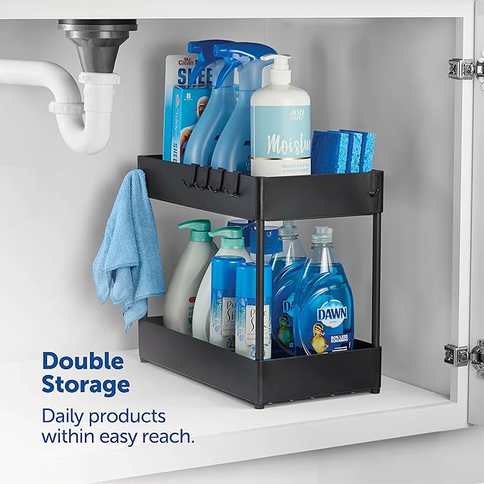 Space-Saving 2-Tier Under Sink Organizer and Storage with 6 Strong Hooks, Easy-Assemble, Under Cabinet Organizer, Durable, Big Capacity, Modern Storage Baskets for Bathroom, Kitchen, Etc. (Black)