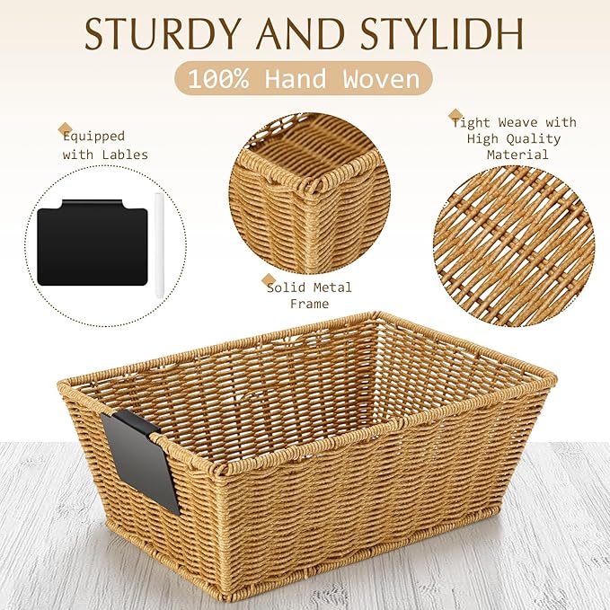 Marsui 6 Pcs Wicker Storage Baskets with Labels Handwoven Multi-size Natural Wicker Storage Bins for Organizing Small Baskets Container for Shelves Closet Pantry Toilet(Natural)