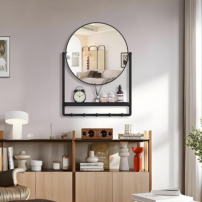 WONSTART Modern Black Round Wall Mirror with Shelf and Hooks, 29.5" x 21.7" Large Bathroom Mirror with 10° Adjustable Tilt for Entryway, Living Room, Hallway, Bedroom