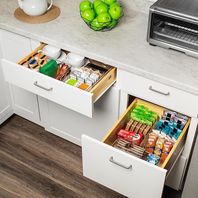 4 Pack Pantry Organizers and Storage,Clear Plastic Organizer Bins for Kitchen,Fridge,Drawer Organization and Storage,4 compartment Snack Containers for Spice Packets,Tea bag