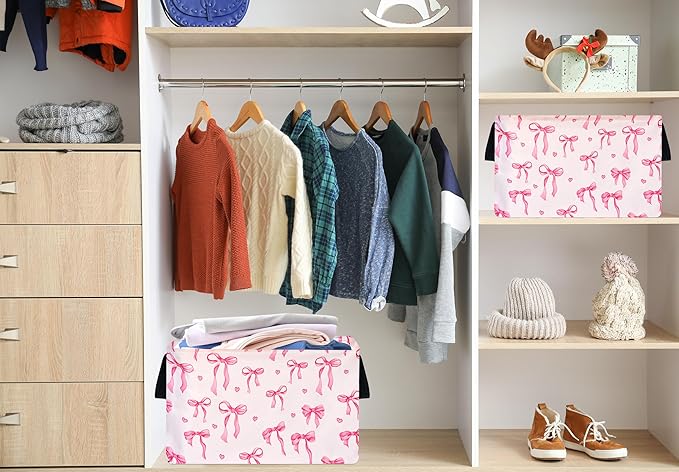 Pink Bowknot Girls Gifts Storage Box Clothes Hamper Basket Collapsible Organizer Bin Toys Shelf Baskets for Home Bedroom Decor