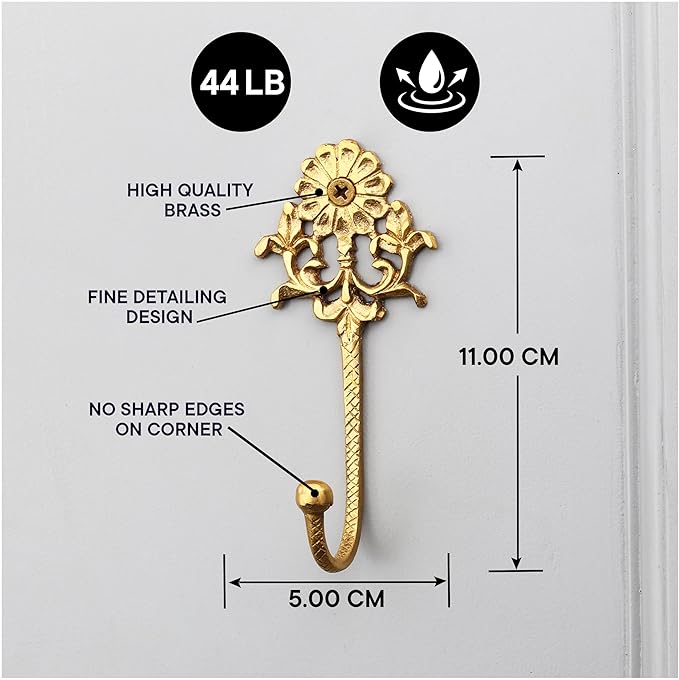 Indian Shelf 3-Packs Handmade Brass Heavy Duty Decorative Vintage Key Holder, Key Wall Hooks for Hanging Coats, Jackets, Leash, Hat, Towel, Backpack, Purse, Handbag for Hallway Décor (Golden)