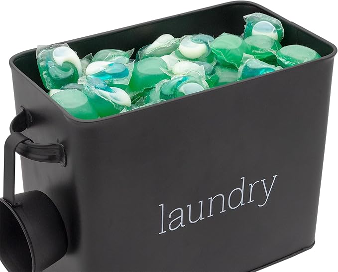 AuldHome Design Enamelware Laundry Powder Container (Black), Enamelware Detergent Bin w/ Scoop