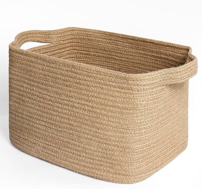 Wicker Basket for Storage, 15"x11"x9" Woven Basket with Handle, Rectangular Cute Storage Bin for Books, Shoes, Clothes, Towels, Decorative Gift Bin Empty, Stuffed Animal Organizer, Home Decor