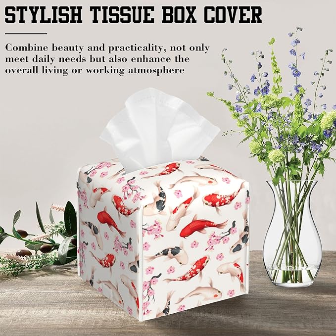 Tissue Box Holder Koi Fish and Cherry Blossom Square Leather Tissue Box Cover Modern Cube Facial Paper Cover Case for Bathroom Vanity Countertop Night Stands Tabletop