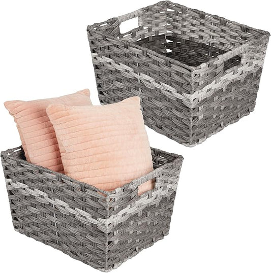 mDesign Wide Rectangular Woven Braided Rope Home Storage Baskets with Handles - for Organizing Closet, Bedroom, Bathroom, Living Room, Entryway, Office - 8.25" High, 2 Pack - Gray