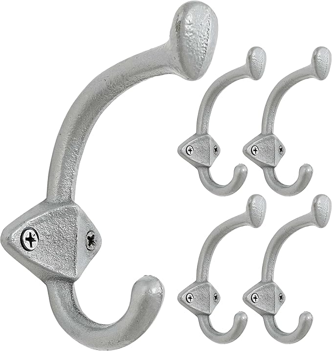 Dseap Cast Iron Wall Hooks L=5”, Heavy Duty Coat Hooks, Rustic Vintage Farmhouse Hook for Hanging Winter Coats Jackets Towels Hats Bags Plants, Silver, Pack of 5 (ShieldBold)