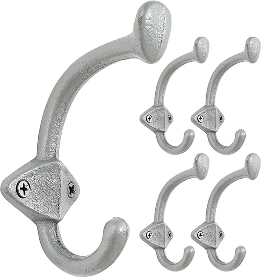 Dseap Cast Iron Wall Hooks L=5”, Heavy Duty Coat Hooks, Rustic Vintage Farmhouse Hook for Hanging Winter Coats Jackets Towels Hats Bags Plants, Silver, Pack of 5 (ShieldBold)