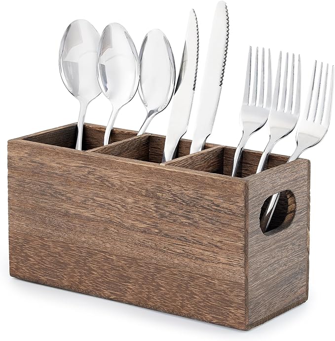 Wooden Silverware Holder, Kitchen Utensil Caddy with 3 Compartments, Cutlery Storage Organizer Countertop, Flatware Organizer for Party, Spoon, Fork Holder