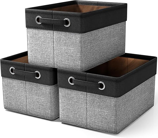 Sorbus Fabric Storage Cubes 15 Inch- Big Sturdy Collapsible Canvas Storage Bins with Dual Handles- Foldable Closet Cubes- Decorative Storage Baskets for Shelves | Home & Office Use- 3 Pack| Grey/Tan