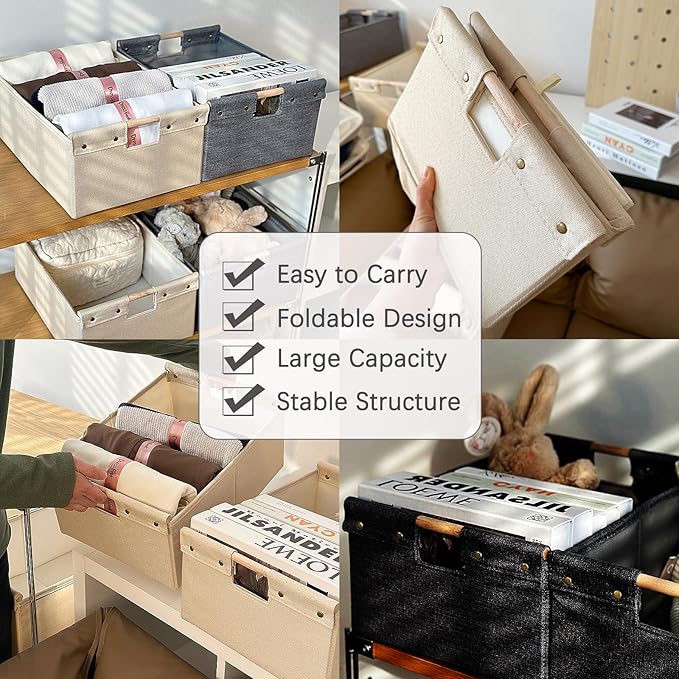 2PCS Storage Bins Cotton Linen Fabric Storage Boxes Basket with Wooden Handles Foldable Washable Decorative Shelf Container Closet Clothes Organizer Home Laundry (Small Size, Black)