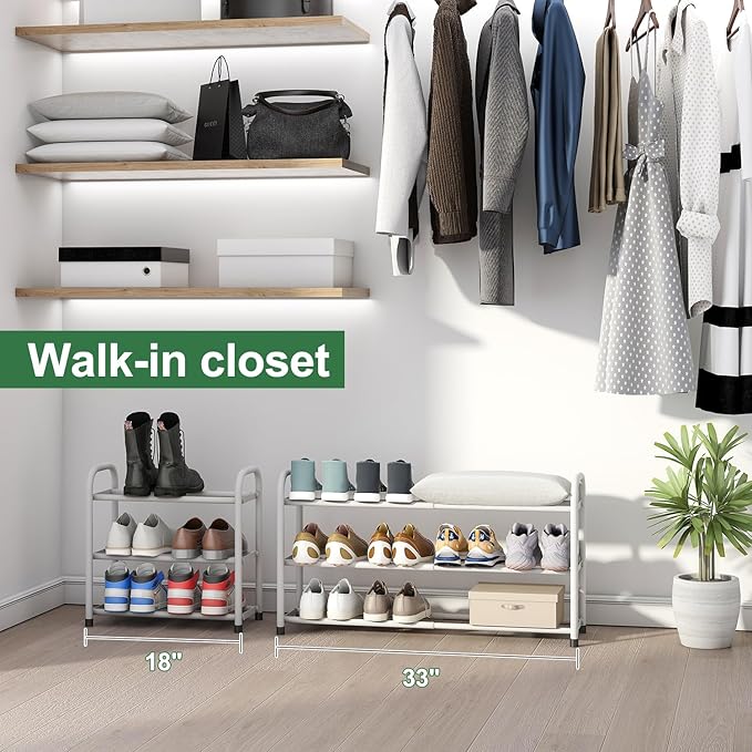 White Shoe Rack for Closet, 3-Tier Expandable Shoe Organizer for Closet, Metal Adjustable Black Shoe Shelf Storage Organizer, Free Standing Shoe Rack for Entryway Doorway