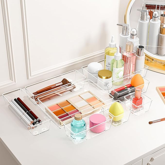 Clear Plastic Drawer Organizers Set of 45 Vanity trays Stackable Storage Bins Dividers Bathroom Organiser Storage Vanity Bins for Makeup, Kitchen Utensils, Jewelries, Office