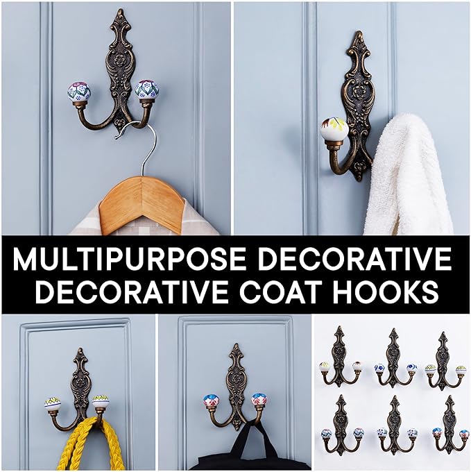 Indian Shelf Pack of 12 Heavy Duty Double Prong White Decorative Coat Hooks Unique Coat Rack Wall Mount Ceramic Wall Hooks for Hanging Towel Holder Backpack Purse Hanger- Style 11