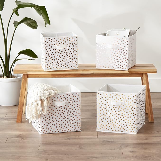 DII Non Woven Polyester Storage Bin, Polka Dot, White & Copper, Large Set of 2