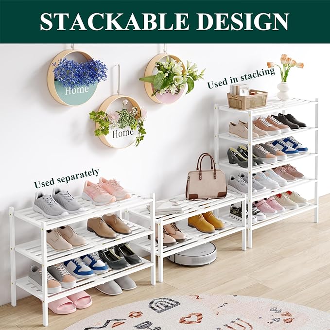 Smiry Bamboo Shoe Rack 2-Tier, Stackable Wooden Shoe Organizer for Entryway & Closet, Free Standing Wood Shoe Storage Shelf for Front Door & Small Spaces, White