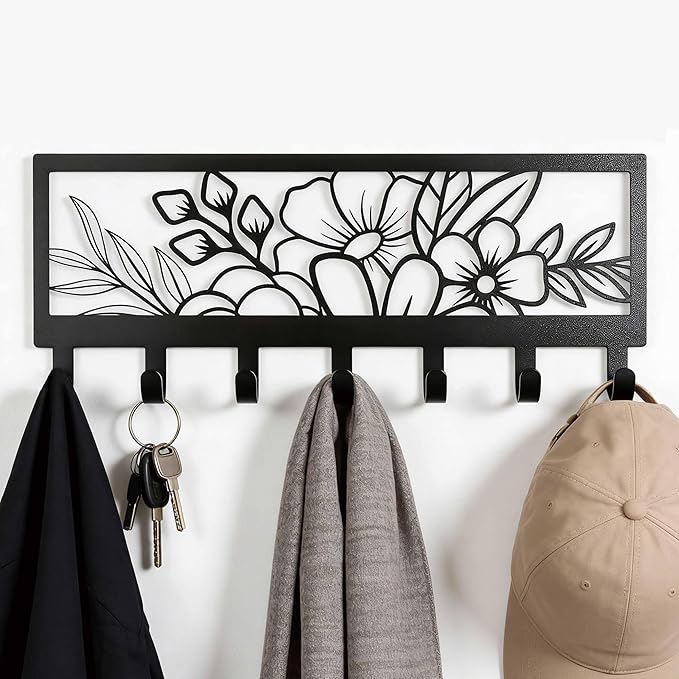 Cute Black Floral Wall Mount Rack with 7 Hooks, Decorative Wall Hanger for Coat, Hat, Bag, Car Key, Unique Wall Hooks for Entryway, Front Door, Bathroom, Kitchen, Office, Home Organization