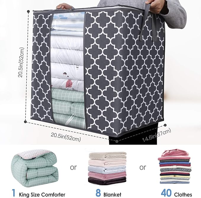 WISELIFE Storage Bags 8 Pack/100L Large Blanket Clothes Organization and Storage Containers for Comforters,Bedding, Foldable Organizer with Reinforced Handle, Clear Window, Sturdy Zippers,Gray