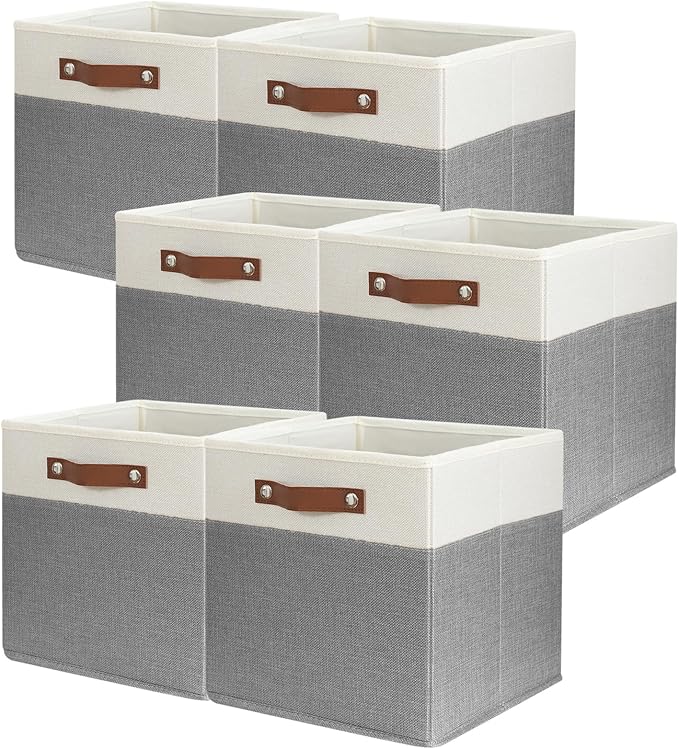 SNWDN 6 Pack Large Fabric Storage Baskets for Organizing Collapsible Fabric Storage Bins with Handles for Home and Office Organizing ((White/Grey 13x13x13 Inches)