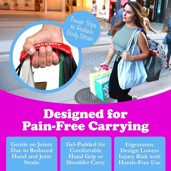Click & Carry Grocery Bag Carrier Handle - Carry More in Fewer Trips, 100lb Capacity, Hands-Free, Gel-Padded Ergonomic Design, Shopping & Grocery Bag Holder - As Seen On Shark Tank, Red, 1 Pack