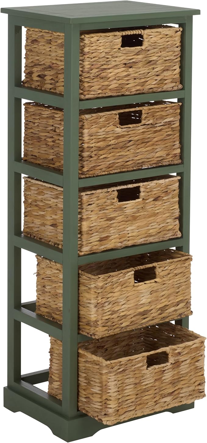 SAFAVIEH Home Collection â Vedette Dusty Green 5-Basket Storage Tower, Natural Rattan Accent Design, Fully Assembled (AMH5739J)