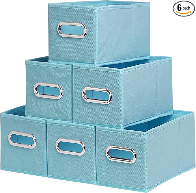 Narrow Storage Baskets for Shelves – Fabric Closet Organizers and Collapsible Storage Bins with Metal Handles – Space-Saving Baskets for Clothes, Towels, 5.9 x 11.8 x 5.9 inch (Sky blue)