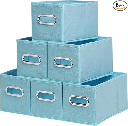 Narrow Storage Baskets for Shelves – Fabric Closet Organizers and Collapsible Storage Bins with Metal Handles – Space-Saving Baskets for Clothes, Towels, 5.9 x 11.8 x 5.9 inch (Sky blue)