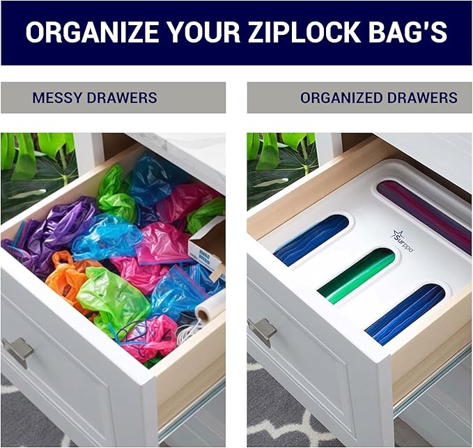 Food Storage Bag Organizer, Plastic Baggie Holder, 4 in 1 Plastic Bag Organizer for Gallon, Quart, Snack & Sandwich, Kitchen Drawer Organizer & Wall Mount Ziplock Bag Holder, Black