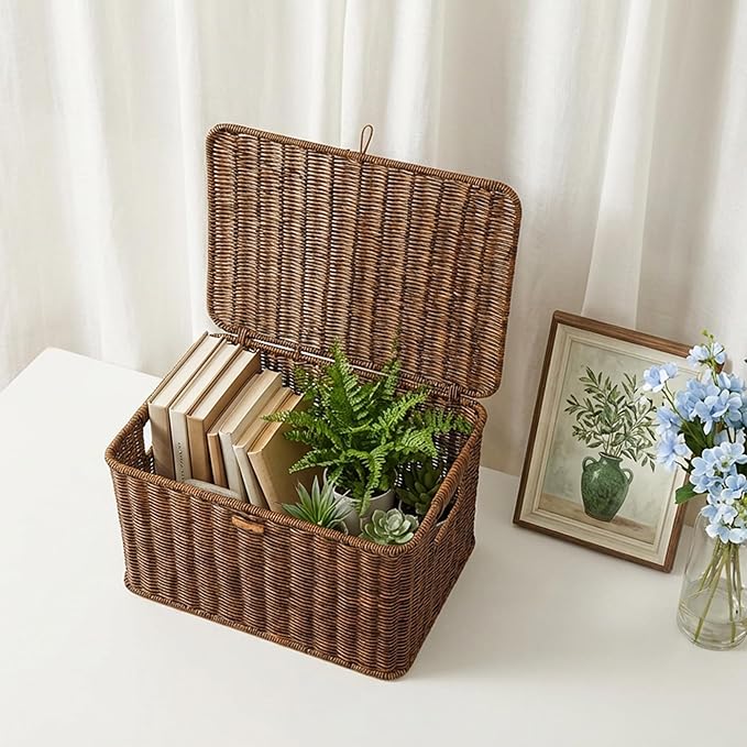 Nonam Wicket Basket with Lid, Large Shelf Baskets for Boho Deco, Plastic Storage Organizer Bins-Stackable Containers Boxes for Home & Office Shelves, Kitchen, Garage and Bathroom Organization, Brown