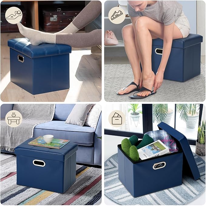 COSYLAND Storage Ottoman 17x13x13in Leather Ottoman Rectangle Footrest Footstool Folding Ottoman for Room Dorm Small Collapsible Bench Seat Organizer Entryway Furniture with Handles Lid Royal Blue