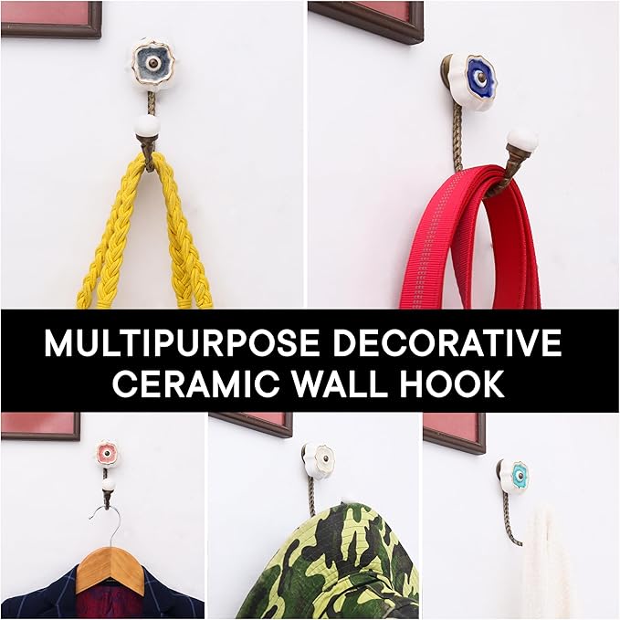 Indian Shelf Pack of 6 Ceramic Wall Hooks for Hanging Clothes - Multicolor Solid Gold Line Wall Coat Hooks - Ceramic Clothing Hooks - Solid Gold Line Keys Hanging