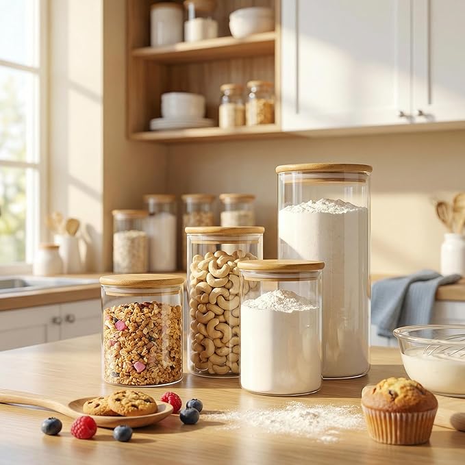 Large Glass Flour and Sugar Containers 180oz x2 [Set of 2], Glass Food Storage Containers with Bamboo Lids, Glass Jar with Airtight Lids for Spaghetti Pasta,Rice,Cereal,Candy,Coffee, Oat