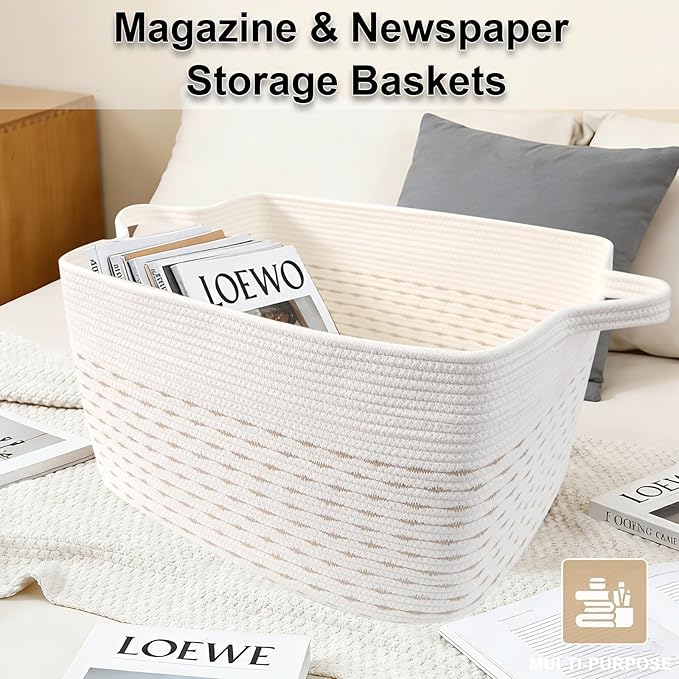Magazine & Newspaper Baskets,Large Woven Rope Blanket Basket,24"x16"x15"Storage Bin with Handle,Toys Storage,Laundry Basket for Home Organization/Living Room/Nursery/Bedroom,White&Yellow