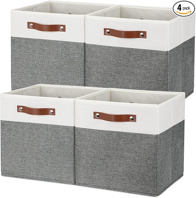 Temary Storage Cubes 12x12 Fabric Cube Storage Bins Foldable Storage Baskets with Handles, Decorative Storage Boxes for Organizing, Home, Office, Nursery, Shelf, Closet (White & Grey, 12 x 12 x 12)