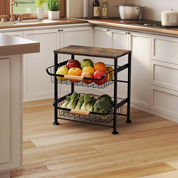 3-Layer Fruit Basket Kitchen Food Organizer and Rack Rolling Pantry Kitchen Cart On Wheels with Wood Top Table,Pull-Out Hollow Metal Basket for Sorting Spice Snacks Vegetables,Black