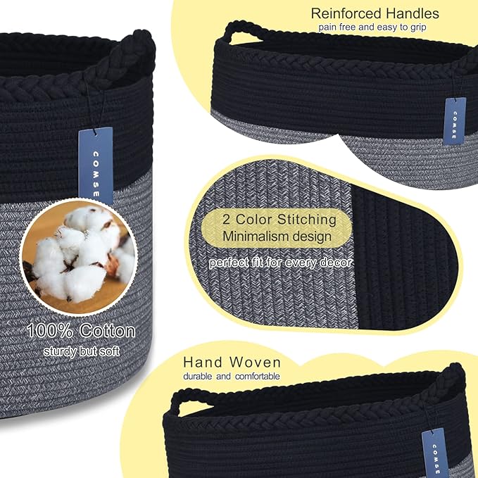 COMSE Extra Large Blanket Basket, Woven Laundry Basket, 21.7âx 13.8â, Nursery Hamper, Cotton Rope Laundry Hamper Living Room for Storage Toys Clothes Towels(Black & Gray)