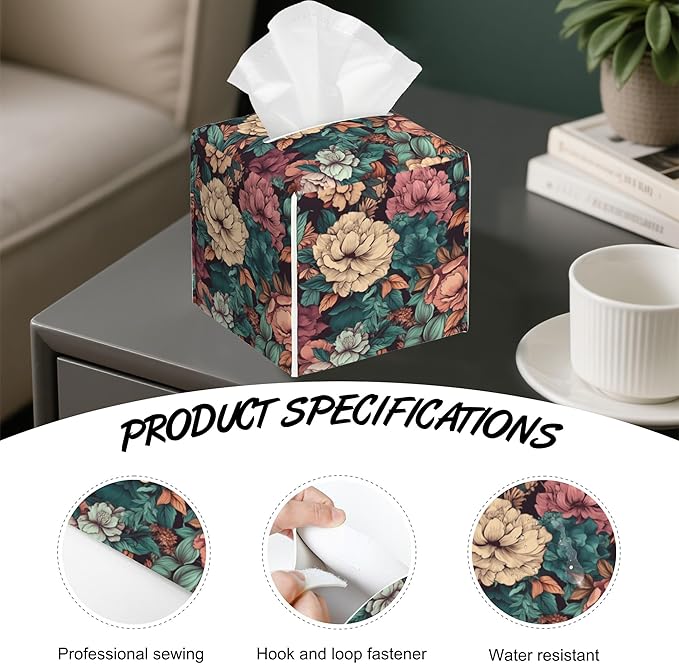 Romantic Big Flower Tissue Box Cover Square,Tissue Box Holder with Belt Bottom,Stylish Leather Napkin Holder for Vanity Countertop,Nightstands,Office Desk,5.2"Ã5.2"Ã5.2"