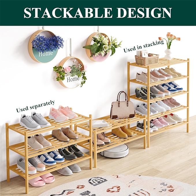 Smiry Bamboo Shoe Rack 6-Tier, Stackable Wooden Shoe Organizer for Entryway & Closet, Free Standing Wood Shoe Storage Shelf for Front Door & Small Spaces, Natural
