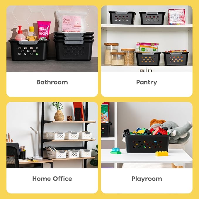 IRIS USA Plastic Storage Baskets, 6-Pack, Made in USA, Shelf Baskets Small Baskets Organizing Bins For Pantry Countertops Closet Shelves Laundry Room Office, Muti-Purpose, Nestable, Easy Carry, Black
