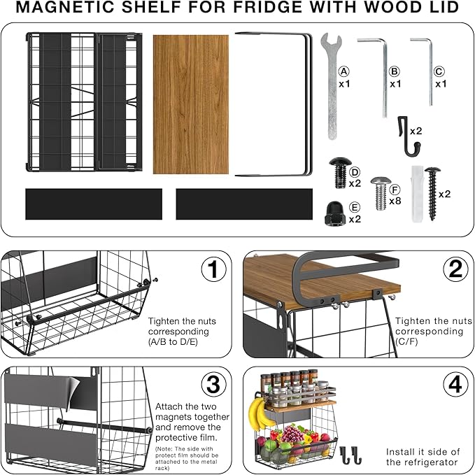 Magnetic Shelf for Fridge with Wood Lid, Magnetic Spice Rack for Refrigerator Large Capacity Wire Basket Kitchen Storage Bin for Fruit, Onion, Potatoes, Storage Organizer for Counter & Cabinet, Black