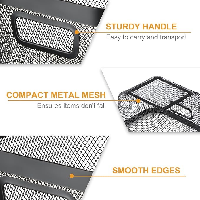 6 Pack Metal Mesh Basket with Hollow Handles Black Wire Storage Bin for Organizing Stackable Metal Fine Mesh Basket for Pantry Bathroom Kitchen Cabinets Shelves (Medium)