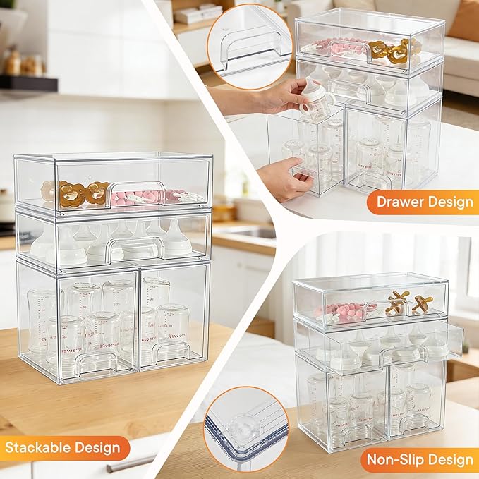Baby Bottle Organizer, 4 Pack Clear Space-Saving Stackable Drawer with Handle, Baby Bottle Storage Organizer for Countertop and Cabinet