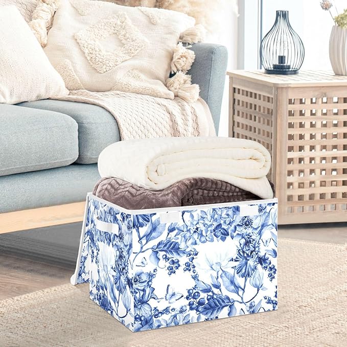 Collapsible Storage Bins with Lids Decorative Fabric Storage Cubes Closet Organizer and Storage Basket Boxes Containers for Clothes Box Chest Folding Rectangle China Blue