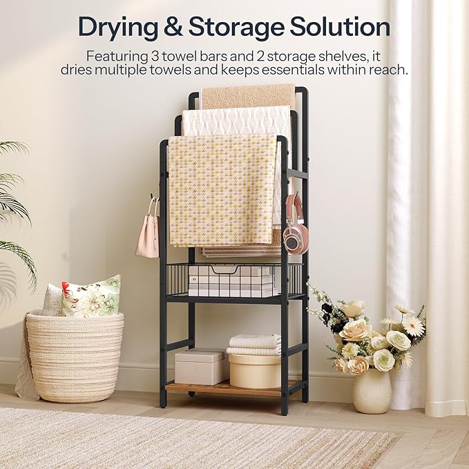 HOOBRO Free Standing Towel Rack, Blanket Rack with 3 Towel Bars, Storage Basket and Shelf, Towel Holder with Hook, Blanket Organizer, for Bathroom and Laundry, Black and Rustic Brown BF13LB01