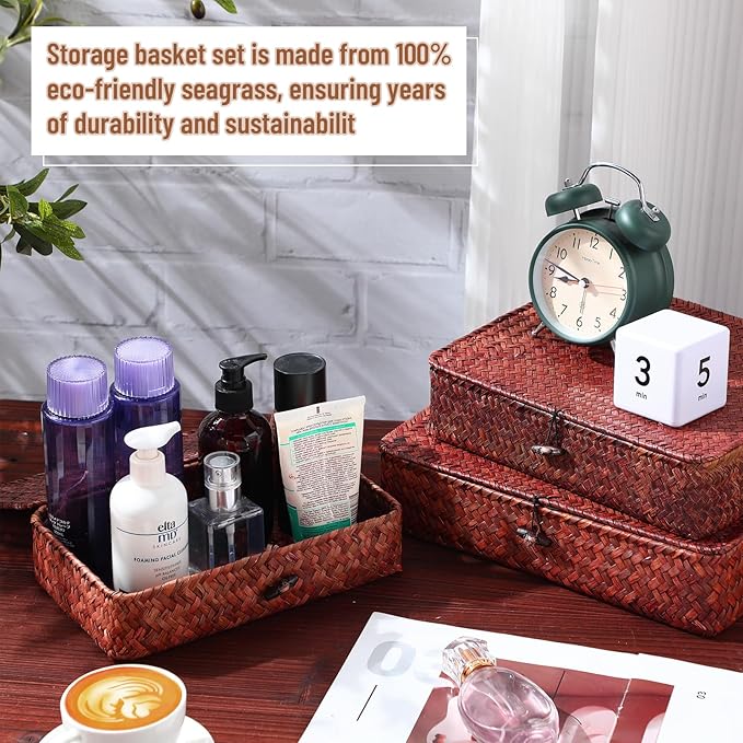 Set of 4 Seagrass Basket with Lid Wicker Storage Basket Decorative Storage Boxes with Lids Flat Storage Bins Woven Organizer Baskets for Shelf Closet Bedroom, 4 Sizes (Retro Red)