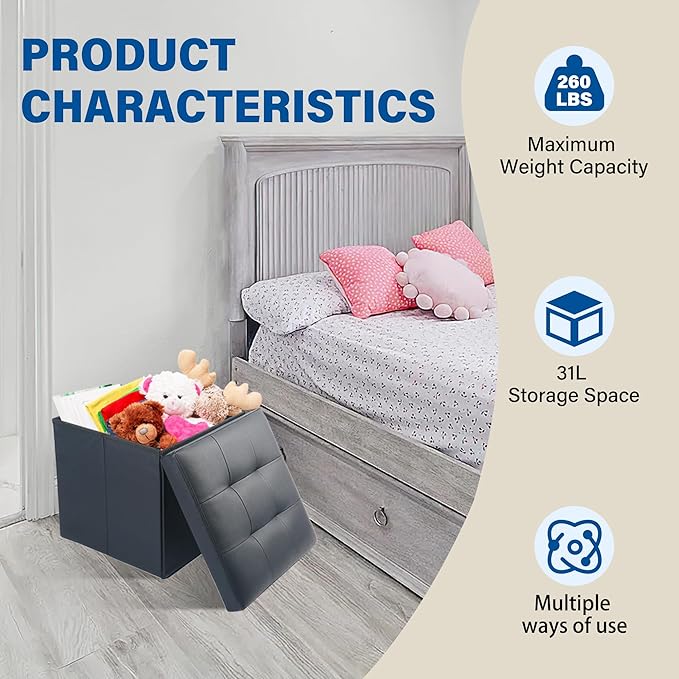 LotFancy Storage Ottoman, 2 Pack, Foldable Foot Rest Stool, 13x12x12 Inches Small Leather Bench with Storage, Holds up to 260 lb, for Living Room, Bedroom, Dorm, Black